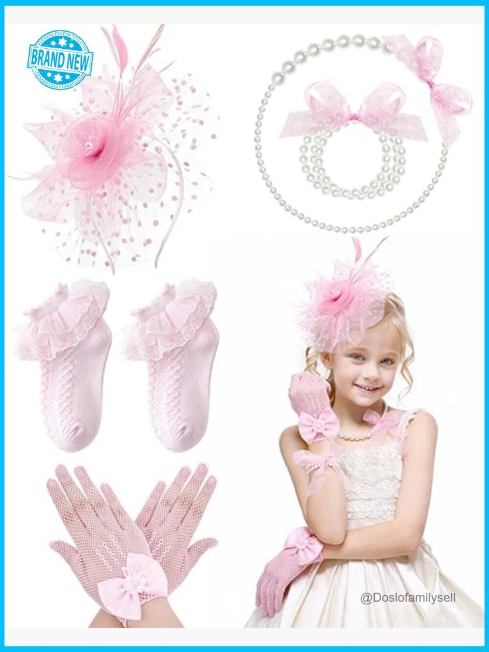 5 Pc Derby Fascinator Hat Set with Pearl Necklace Bracelet Gloves Socks